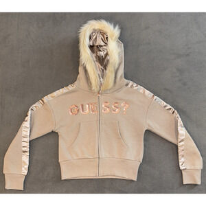 Guess Los Angeles Girl's Hoodie Jacket Beige Faux Fur Full Zip Pockets Size 10